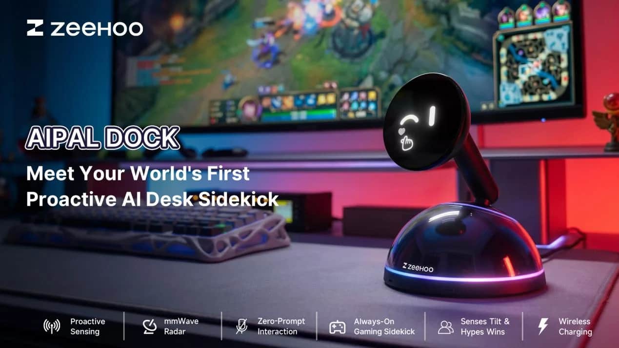 AIPAL Dock sobre uma mesa gamer, com tela circular iluminada e um jogo aberto ao fundo.