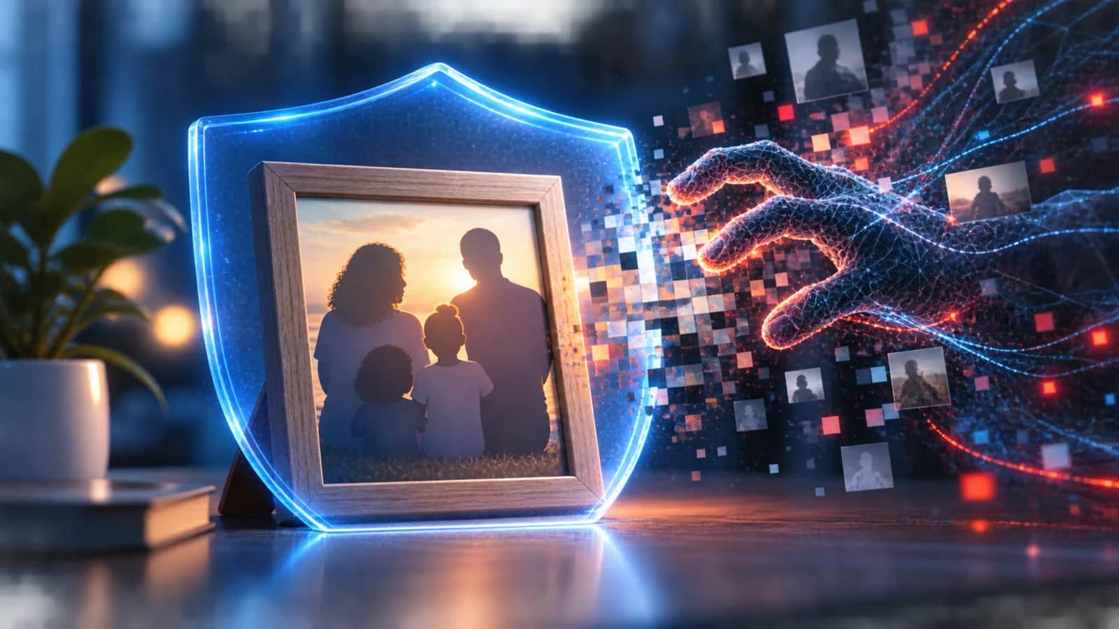 Porta-retrato com silhuetas de uma família protegido por um escudo digital diante de uma tentativa abstrata de captura por inteligência artificial.