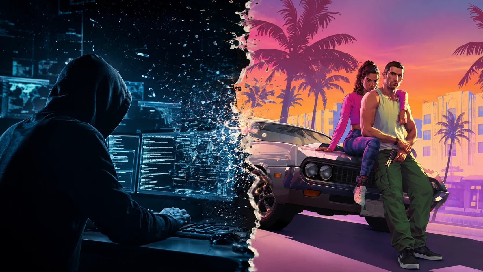Pessoa encapuzada diante de monitores ao lado de uma representação dos protagonistas de GTA 6 em Vice City.