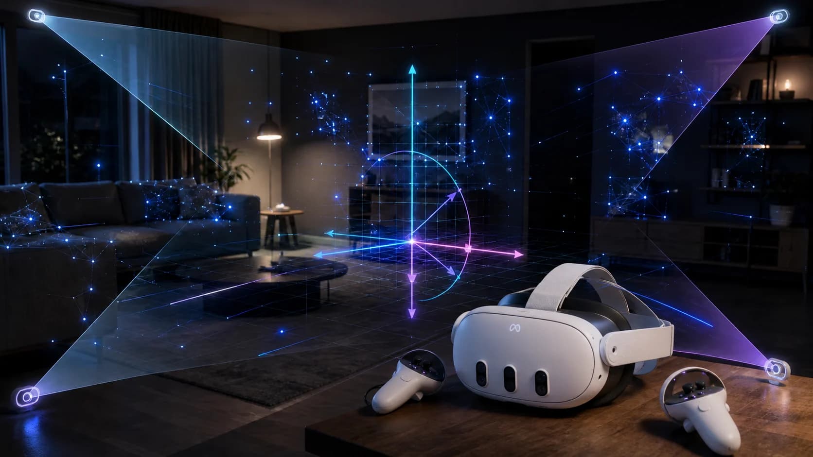 Headset e controles de realidade virtual diante de um mapa tridimensional de pontos, cones de visão das câmeras e eixos de movimento.