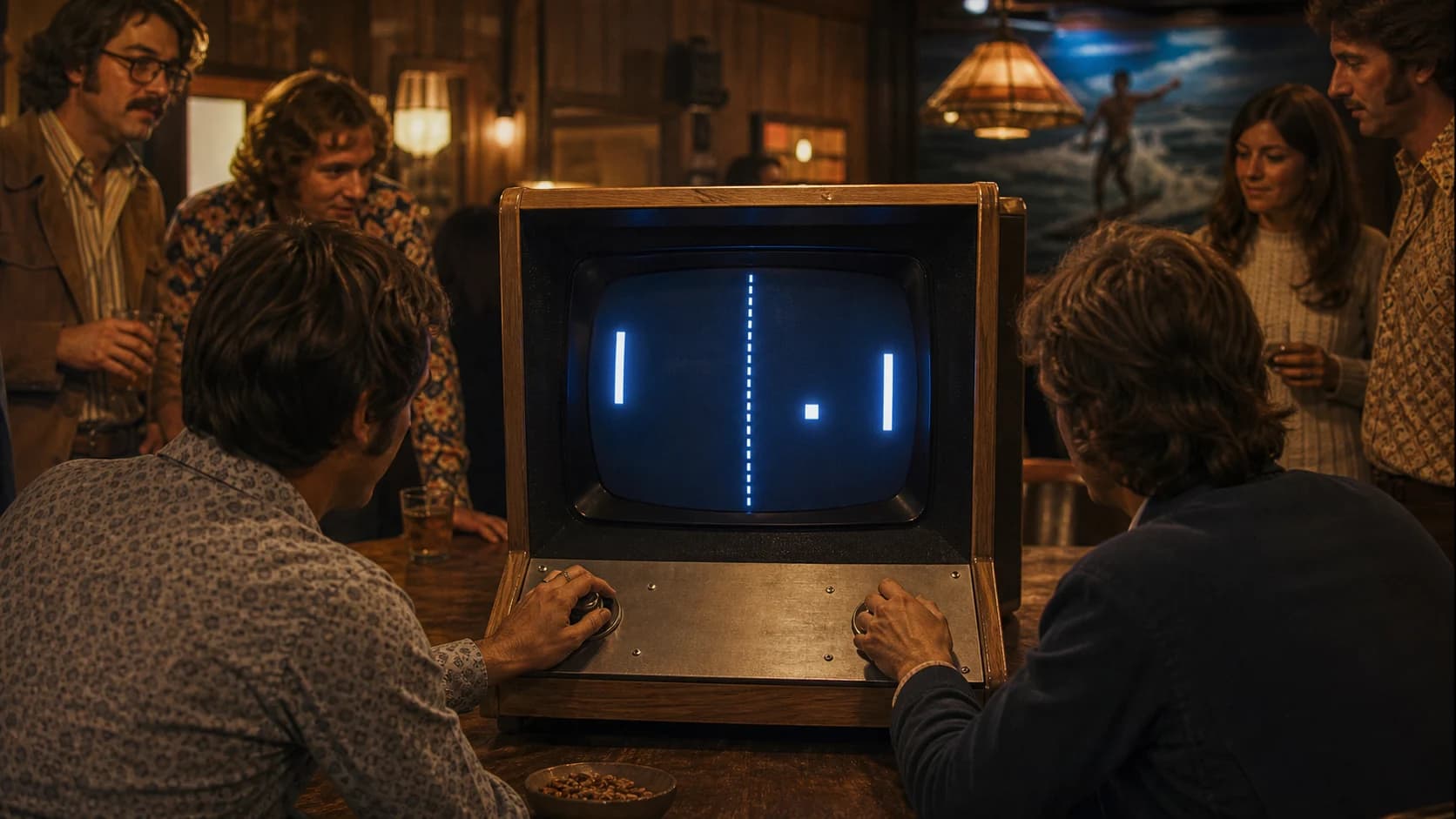 Ilustração editorial de duas pessoas jogando um videogame de tênis eletrônico em uma máquina de madeira, cercadas por clientes de um bar dos anos 1970.
