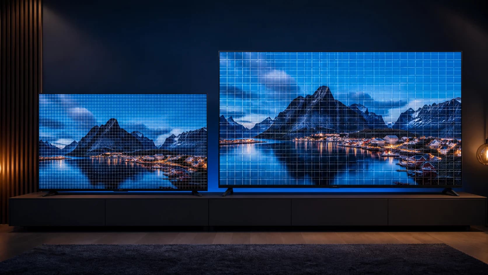 Duas televisões 4K sem marca, uma menor à esquerda e outra maior à direita, exibindo a mesma paisagem com uma grade de pixels sobreposta para comparar a densidade.