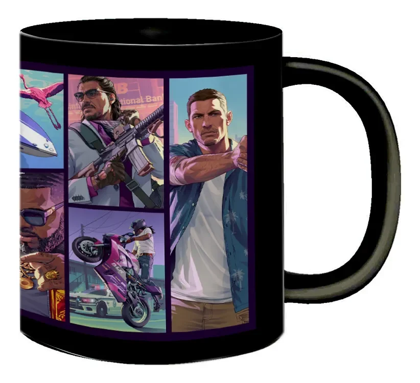Caneca preta de porcelana com estampa colorida inspirada em GTA e Vice City.