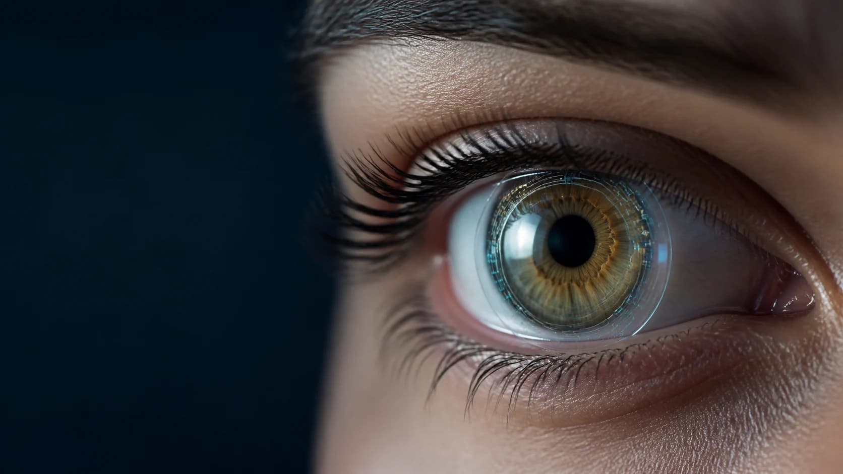 Editorial close-up of a human eye wearing a clear contact lens with discrete circuitry around the iris.