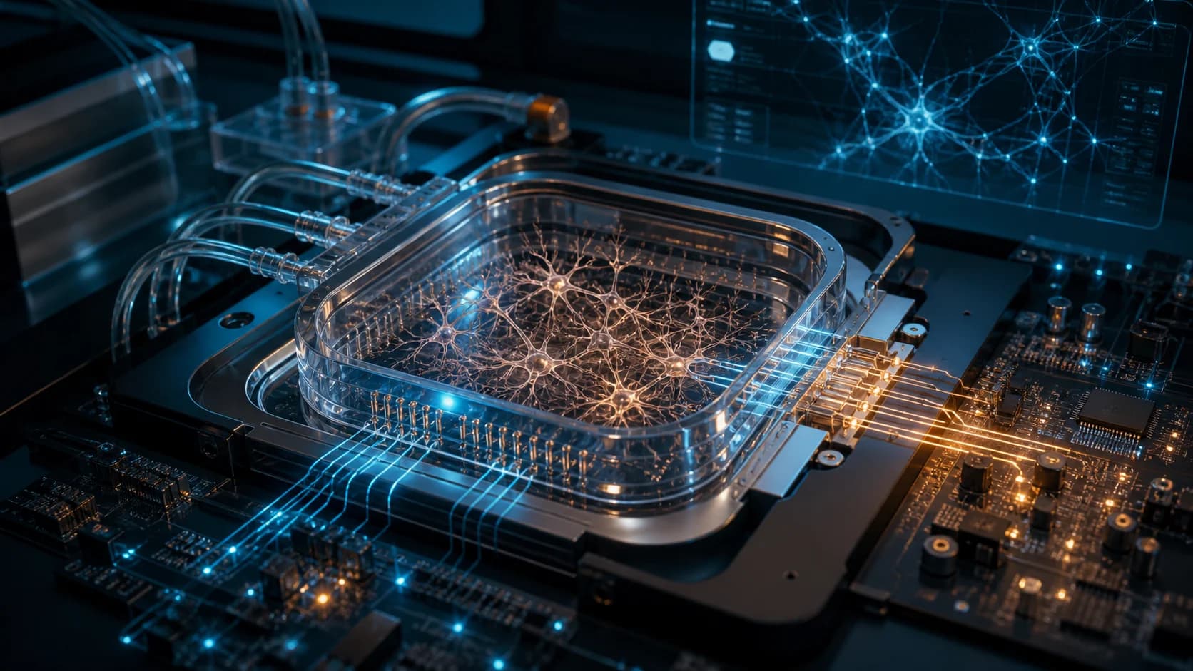 Cultura de neurônios em uma câmara transparente conectada a microeletrodos e circuitos de silício.