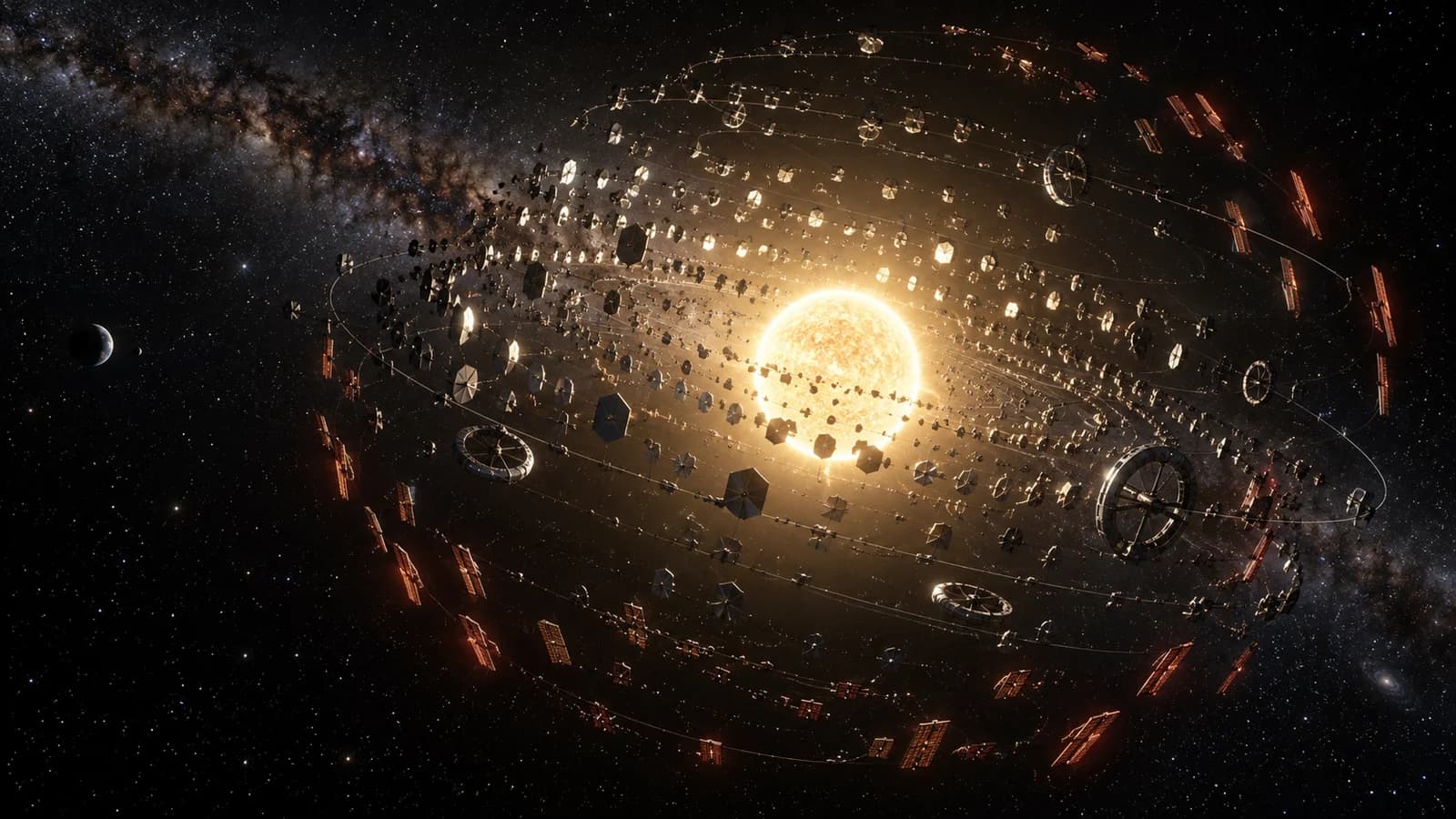 Ilustração de milhares de coletores solares e habitats independentes orbitando uma estrela brilhante e formando um enxame de Dyson parcial.