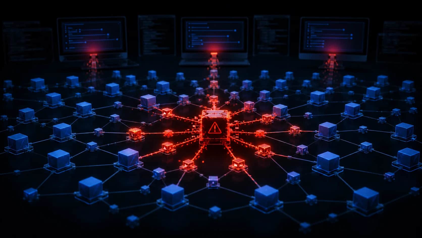 Mais de mil pacotes npm maliciosos espalham RAT e roubam dados Rede de pacotes de software conectados, com um componente central em vermelho espalhando uma ameaça para computadores.