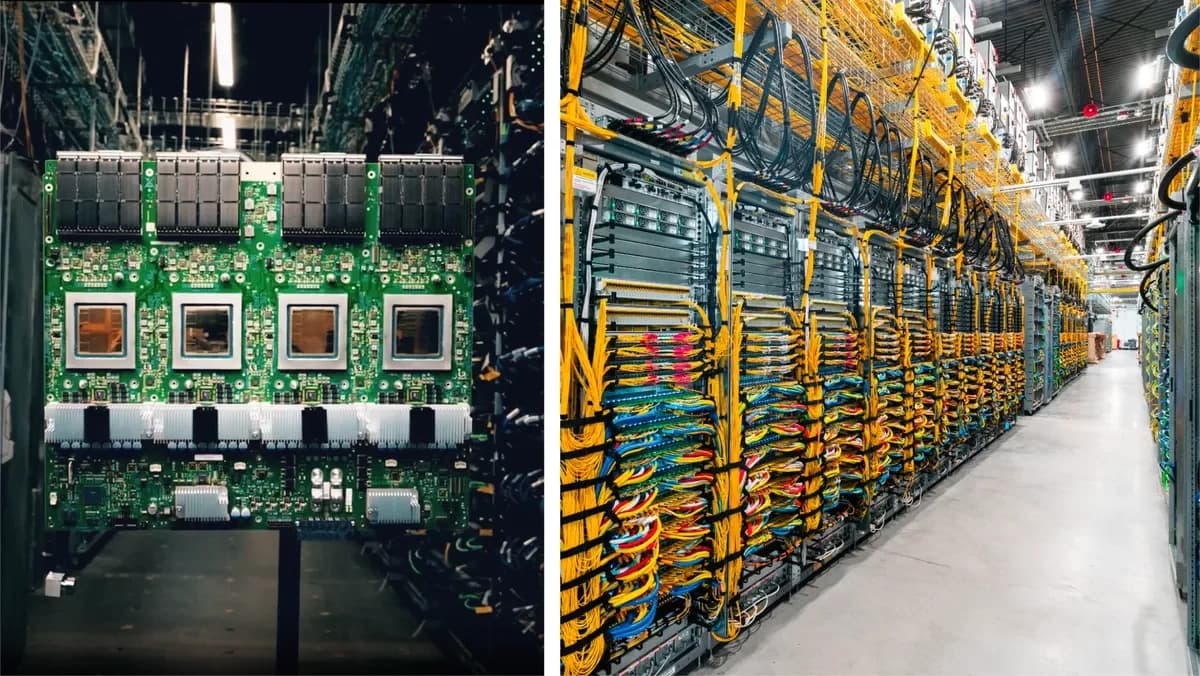 Quando a IA ajuda a projetar os chips da próxima geração de IA À esquerda, quatro chips Ironwood em uma placa; à direita, racks de um centro de dados com cabos amarelos.