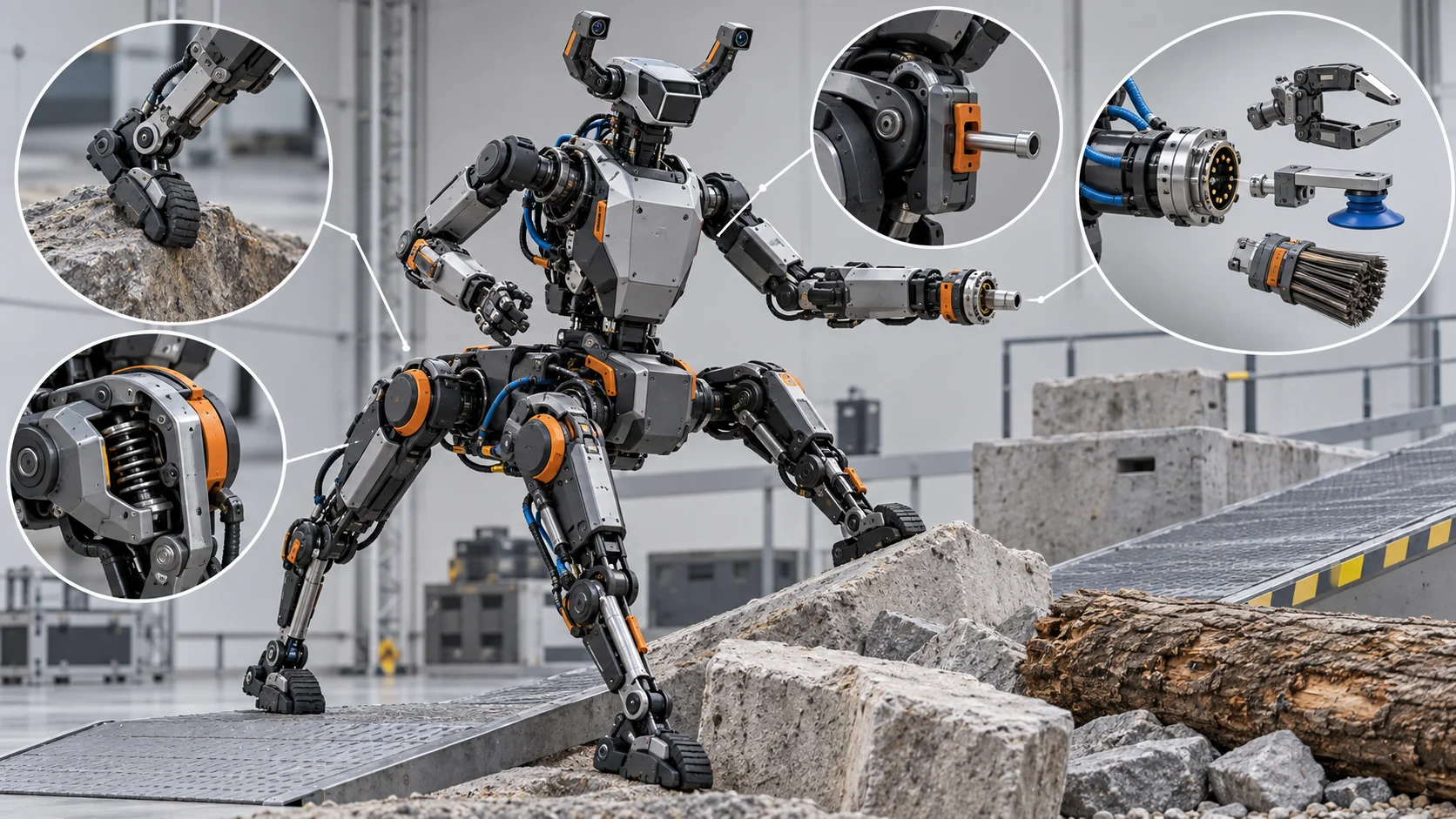 Robô centauro conceitual em pista de testes, com ampliações visuais de apoio no terreno, junta com trava e encaixes modulares de ferramentas